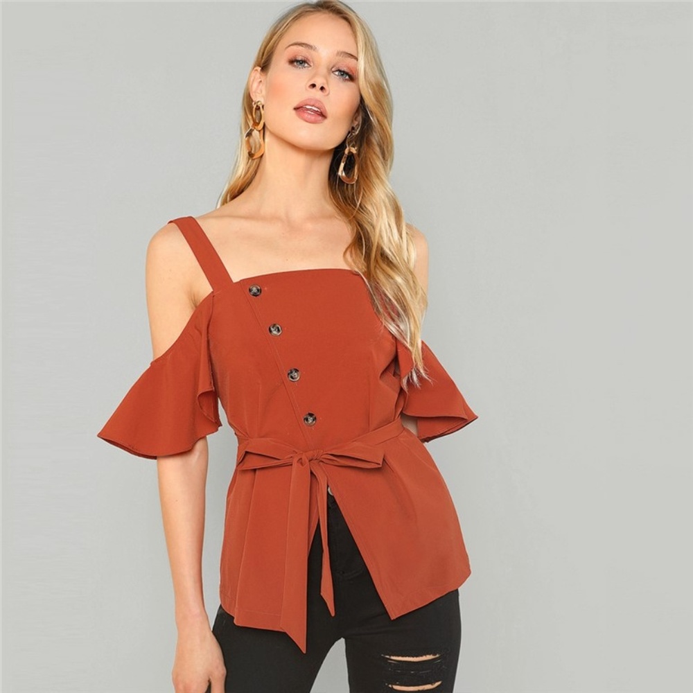 rust cold shoulder top - Picture 3 of 9